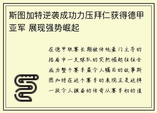 斯图加特逆袭成功力压拜仁获得德甲亚军 展现强势崛起 斯图加特逆袭成功力压拜仁获得德甲亚军 展现强势崛起